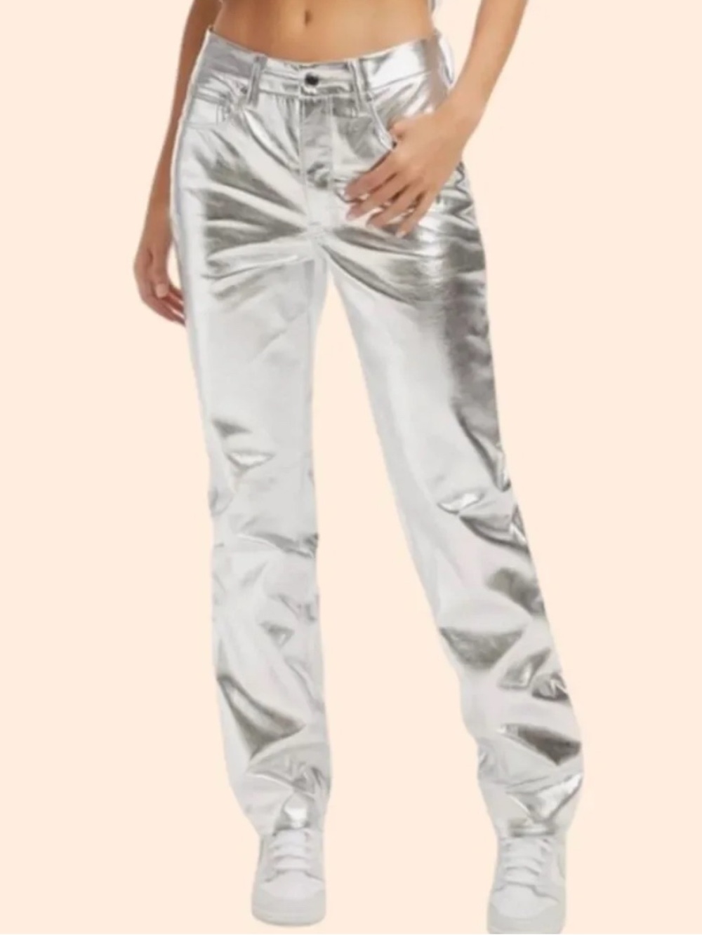 Good American Good Icon Silver Metallic Faux Leather Pants (Size 6/28)